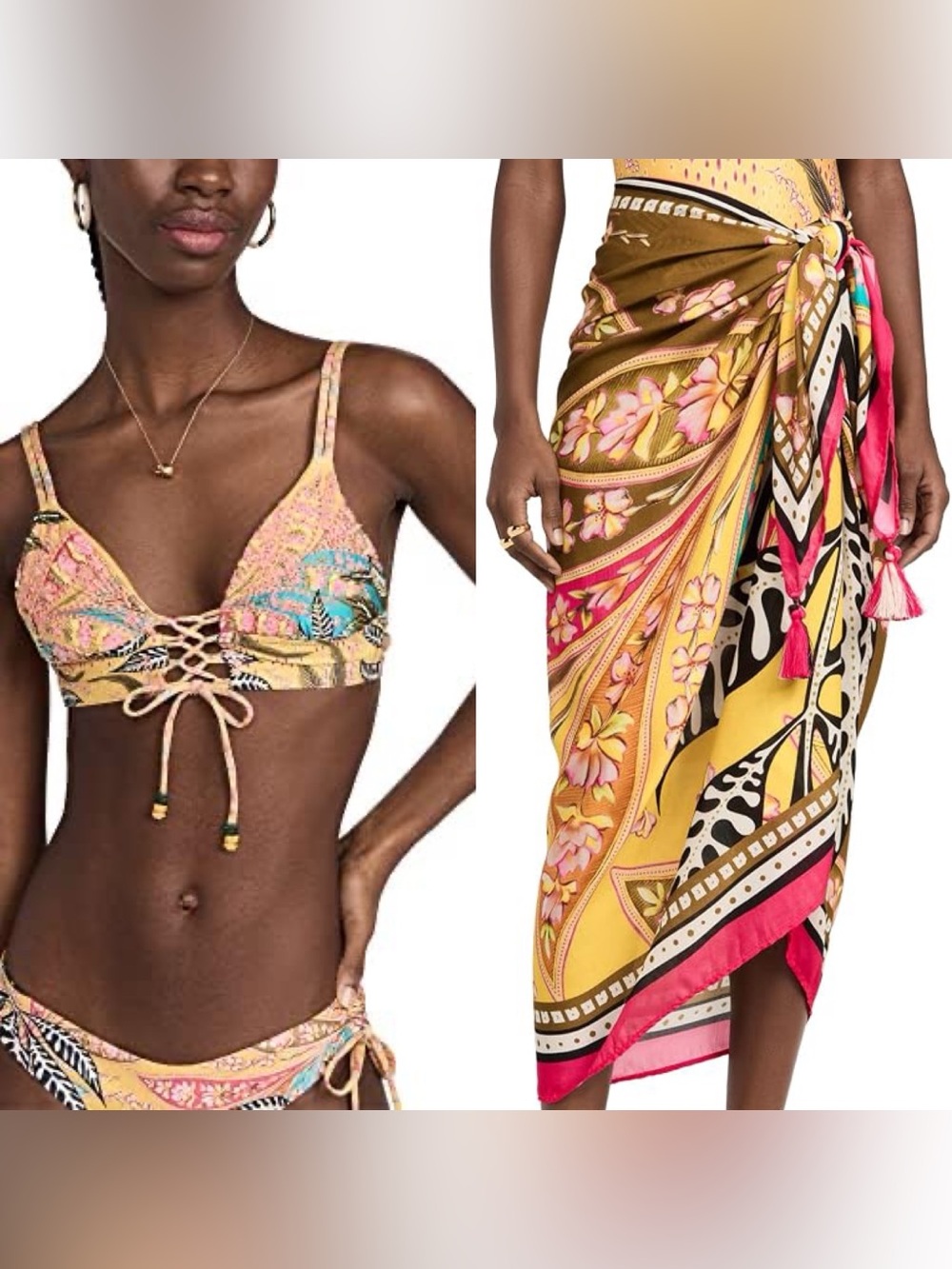 Agua Bendita Yellow Floral Lace-Up Bikini Set with Printed Sarong